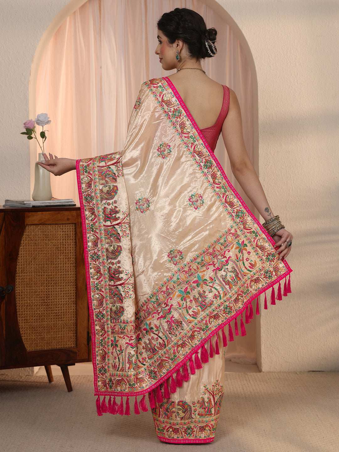  Libas Peach Mughal Embroidered Satin Tassel Saree 