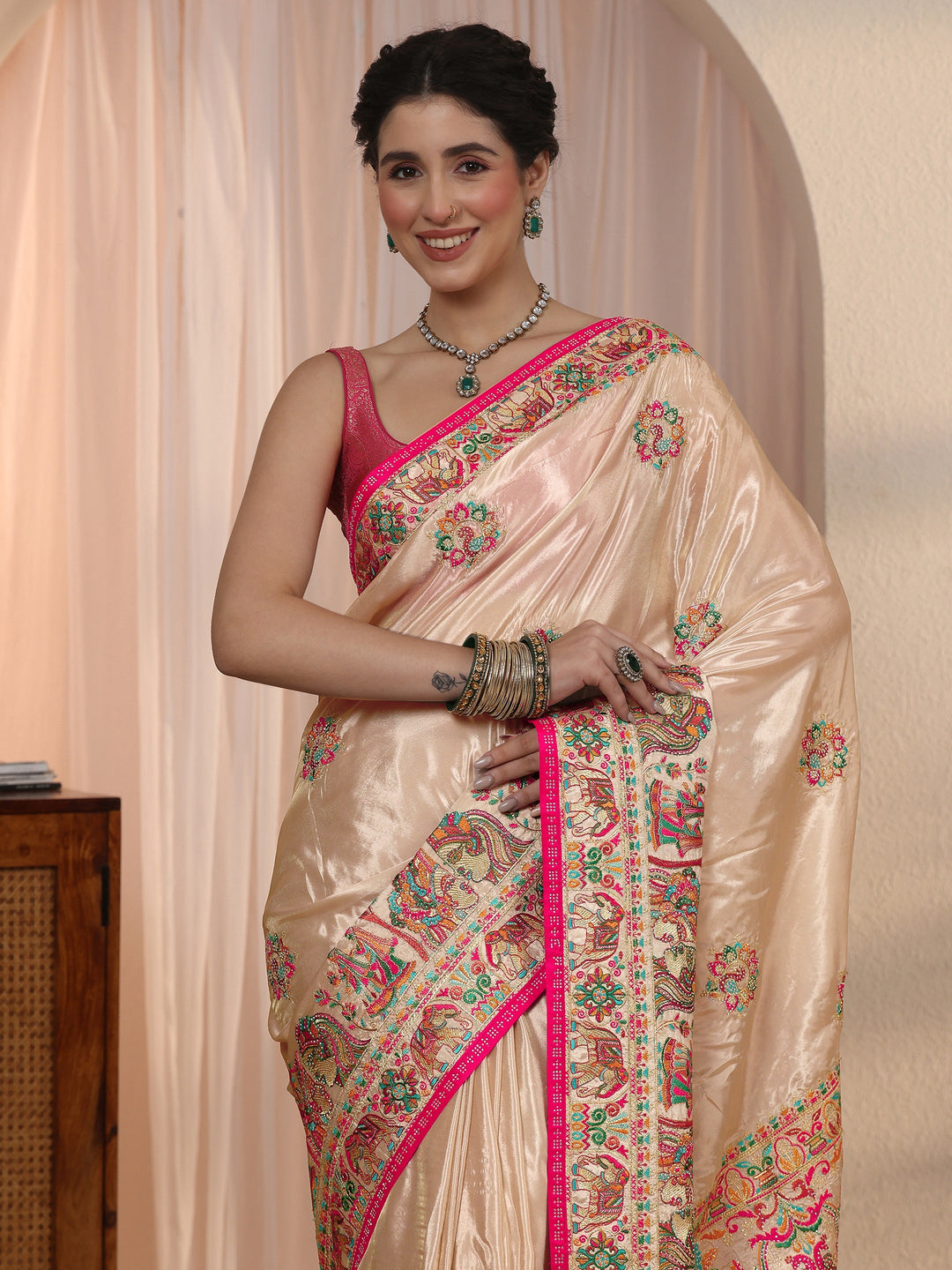  Libas Peach Mughal Embroidered Satin Tassel Saree 