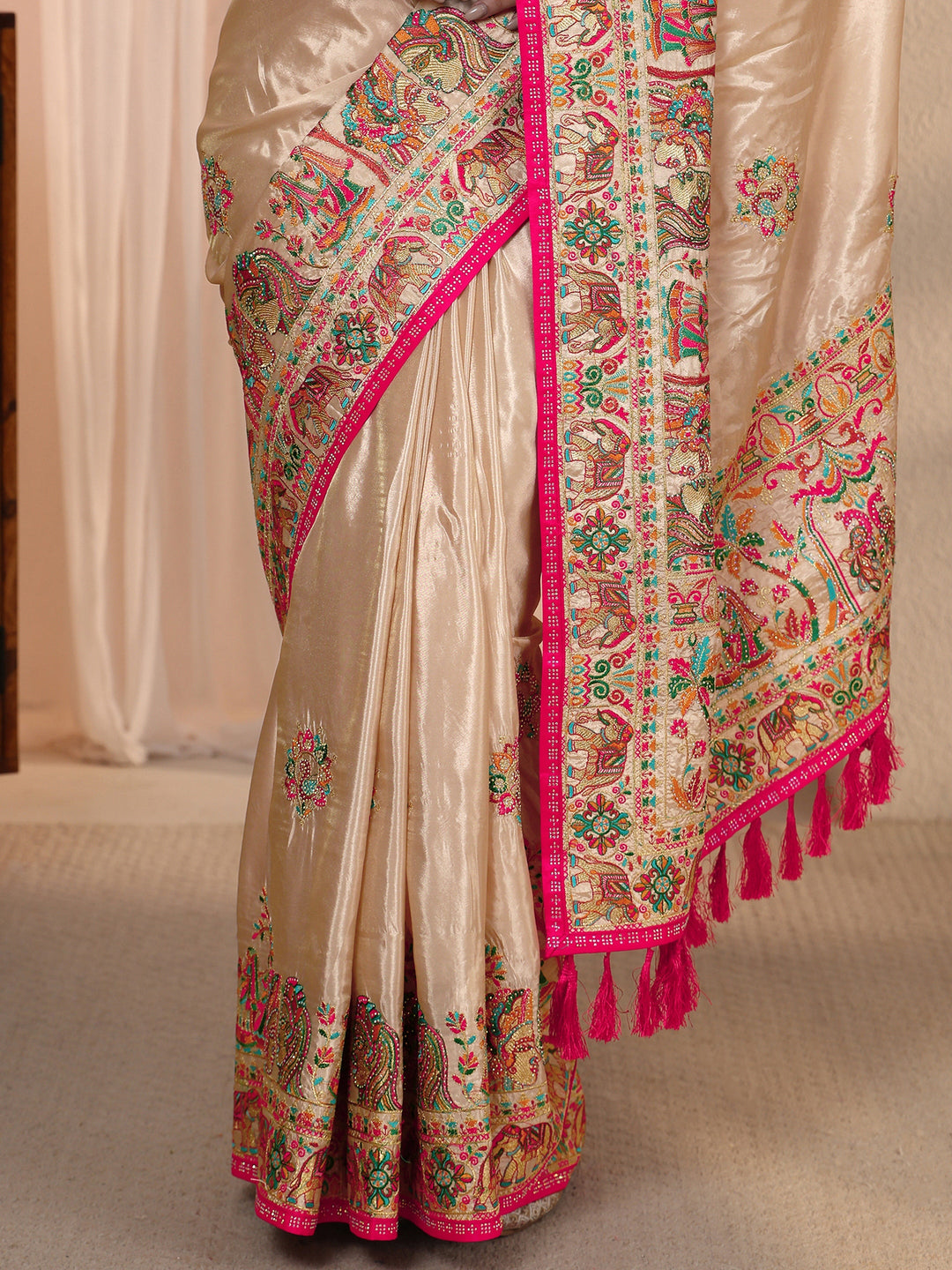  Libas Peach Mughal Embroidered Satin Tassel Saree 