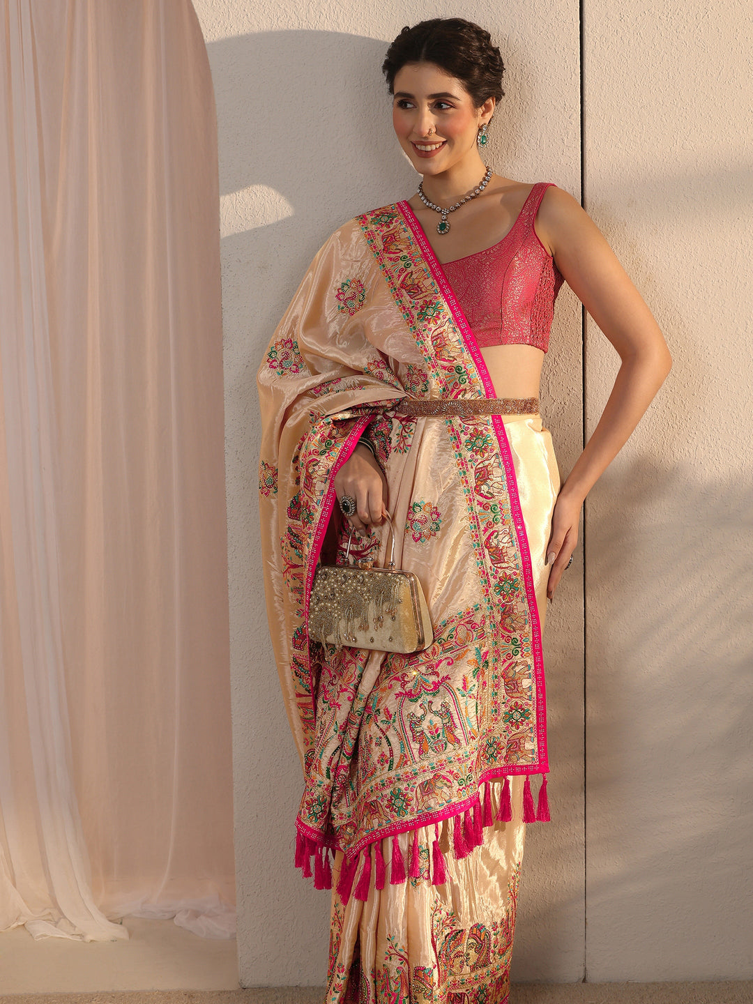  Libas Peach Mughal Embroidered Satin Tassel Saree 