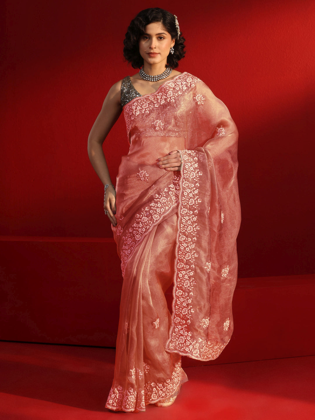  Libas Peach Floral Embroidered Tissue Saree 