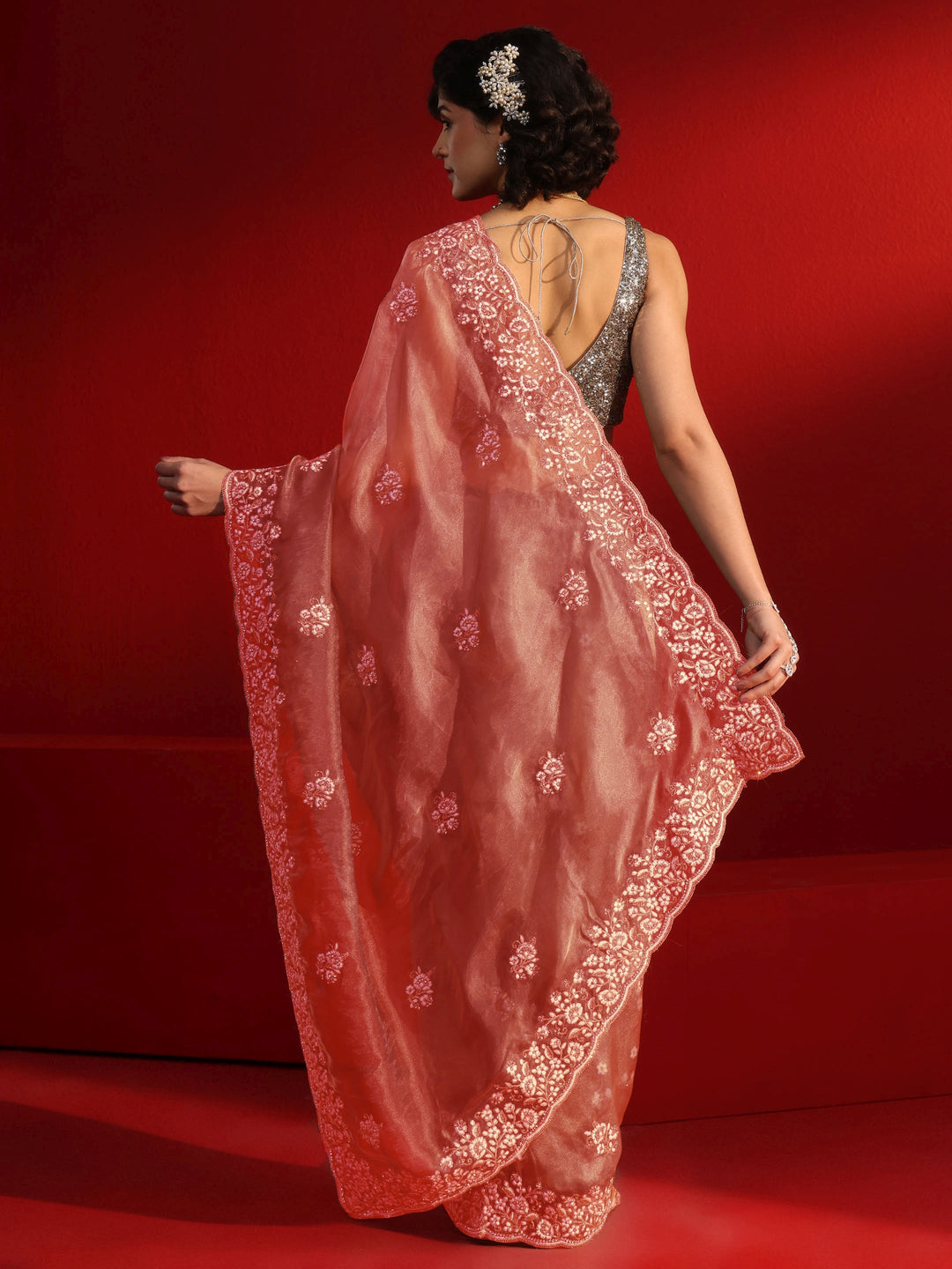  Libas Peach Floral Embroidered Tissue Saree 