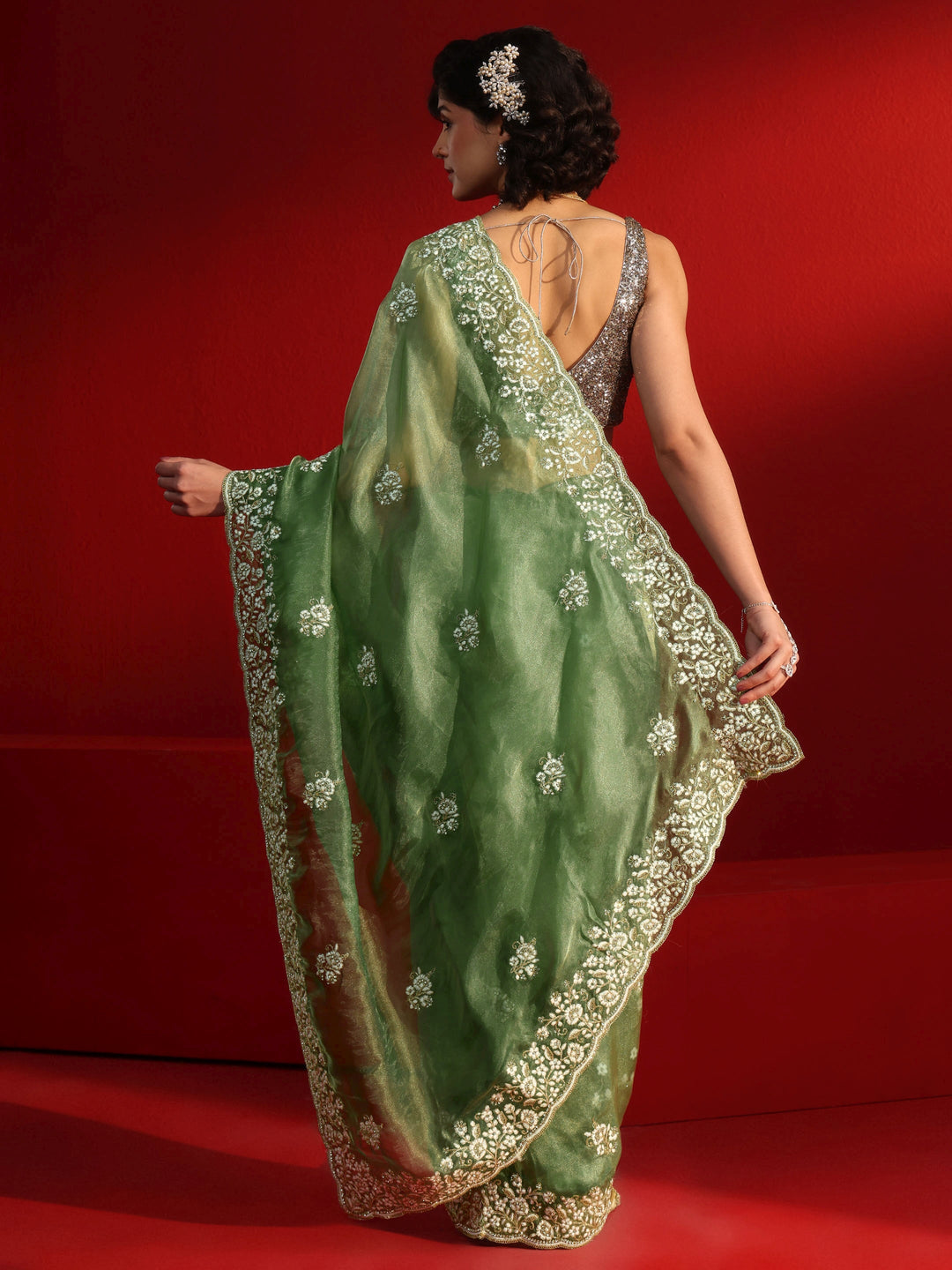  Libas Green Floral Embroidered Tissue Saree 