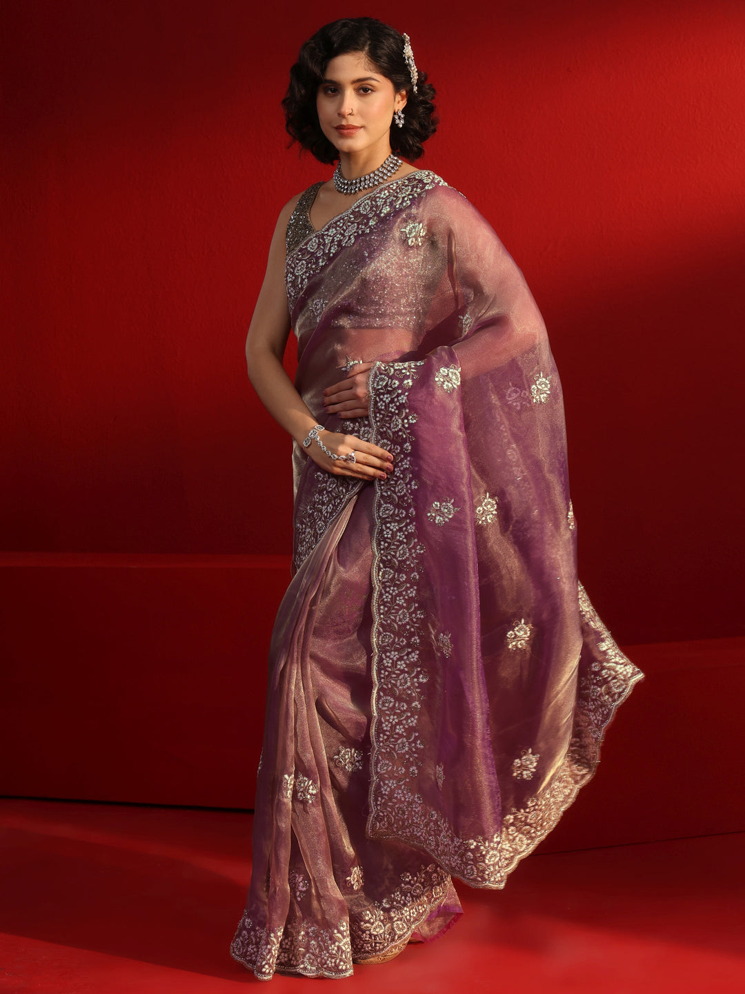  Libas Purple Gharchola Stone Work Tissue Saree 