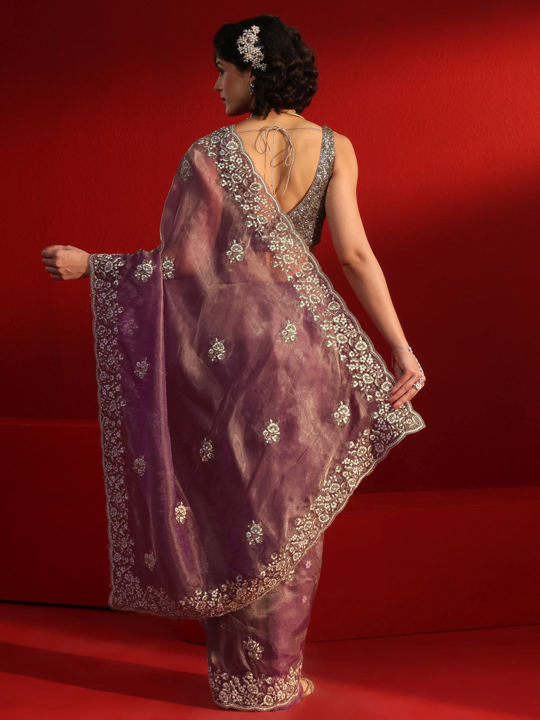  Libas Purple Gharchola Stone Work Tissue Saree 