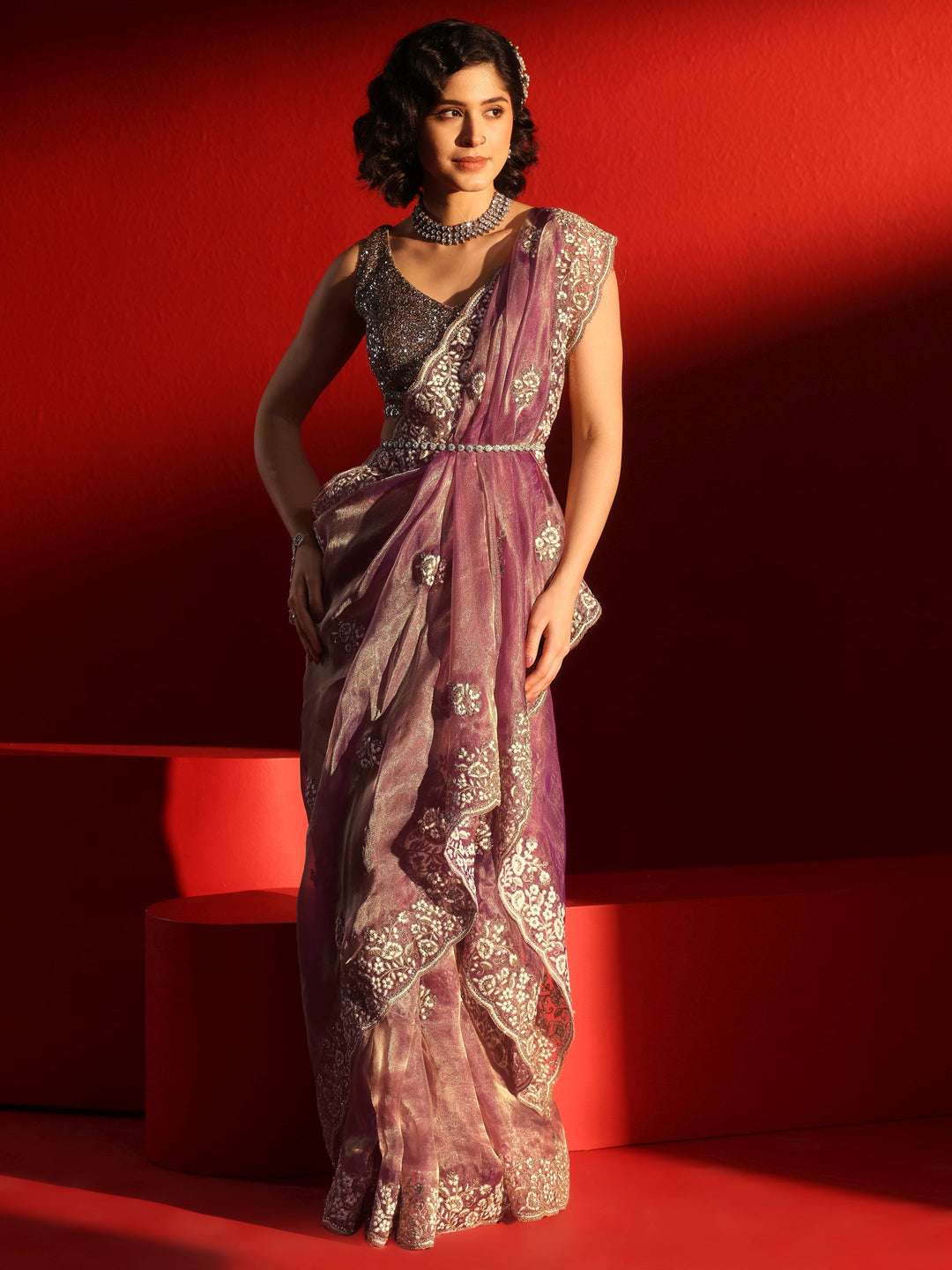  Libas Purple Gharchola Stone Work Tissue Saree 