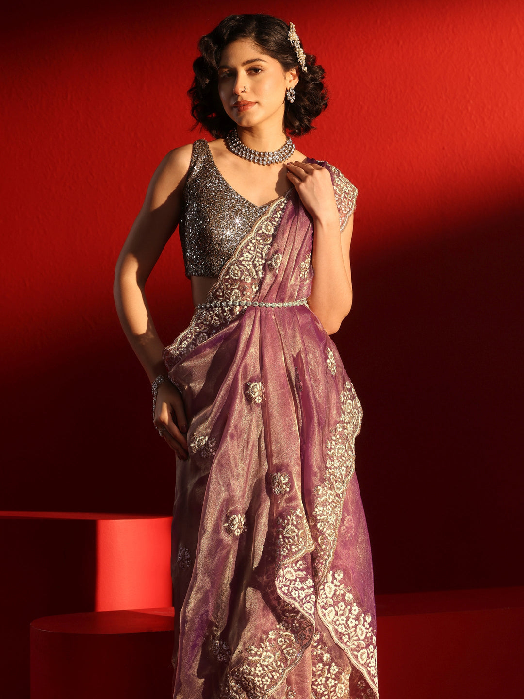  Libas Purple Gharchola Stone Work Tissue Saree 