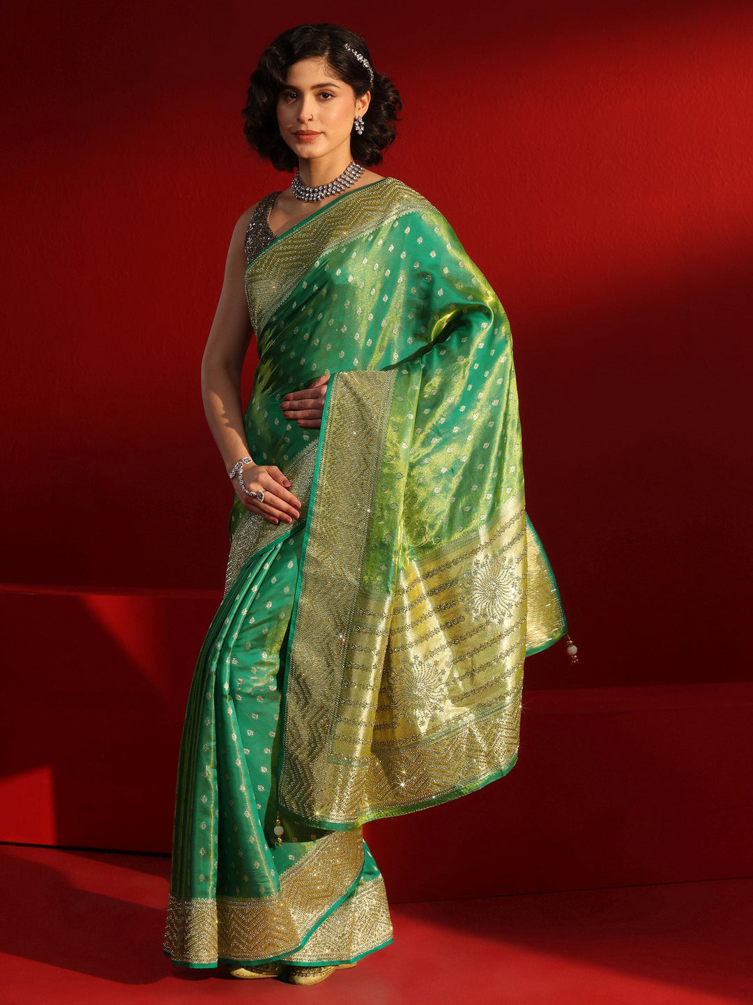  Libas Art Green Woven Design Silk Blend Saree with Embellished Border 