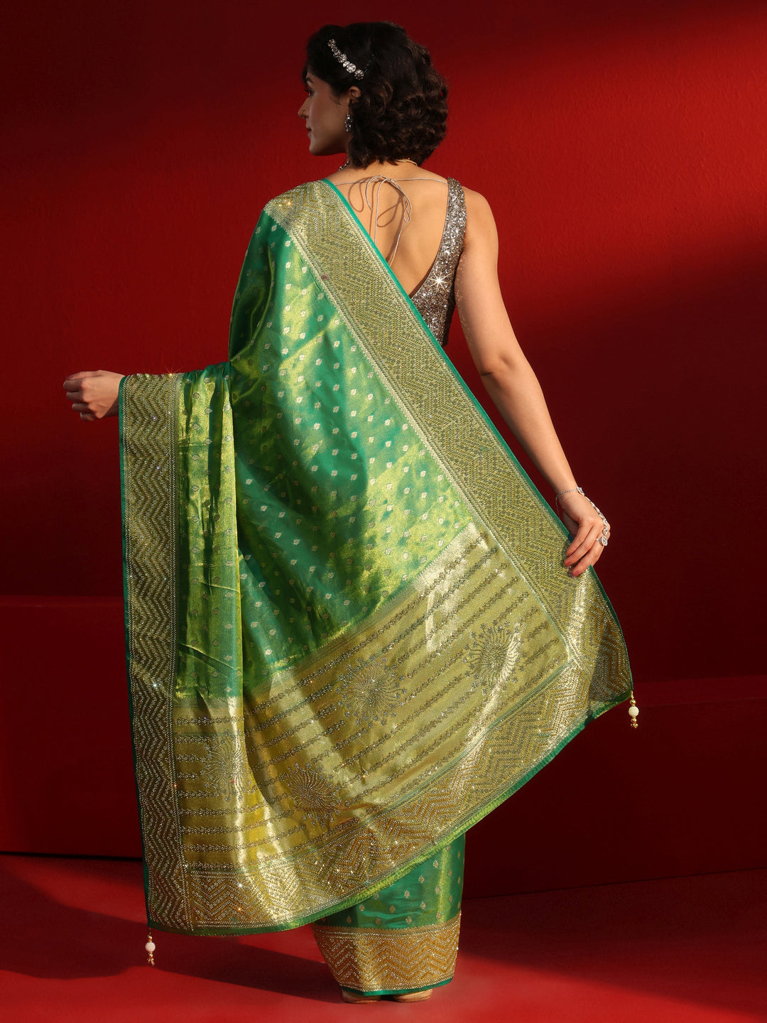  Libas Art Green Woven Design Silk Blend Saree with Embellished Border 