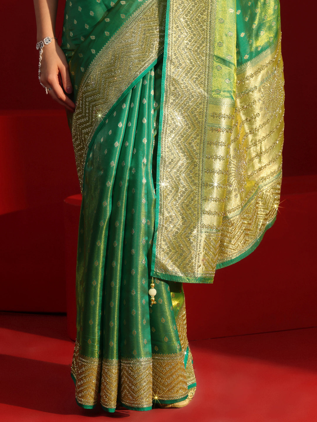  Libas Art Green Woven Design Silk Blend Saree with Embellished Border 