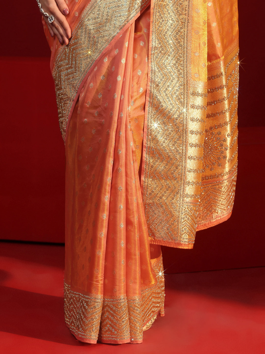  Libas Art Peach Woven Design Silk Blend Saree with Embellished Border 