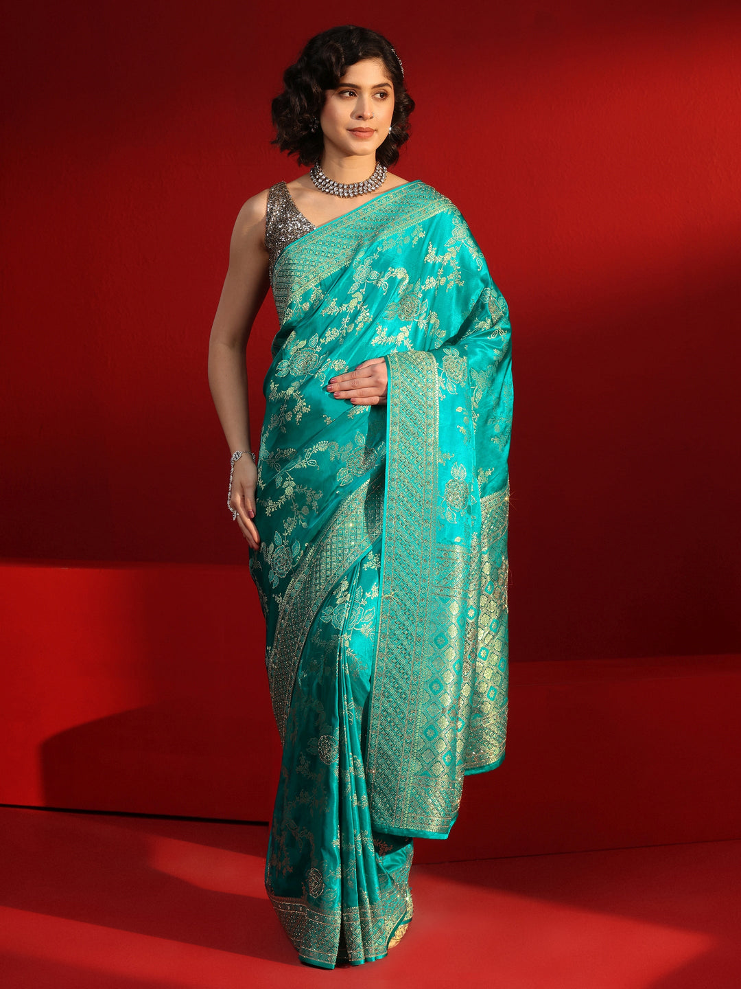  Libas Art Sea Green Woven Design Stone Work Satin Saree 