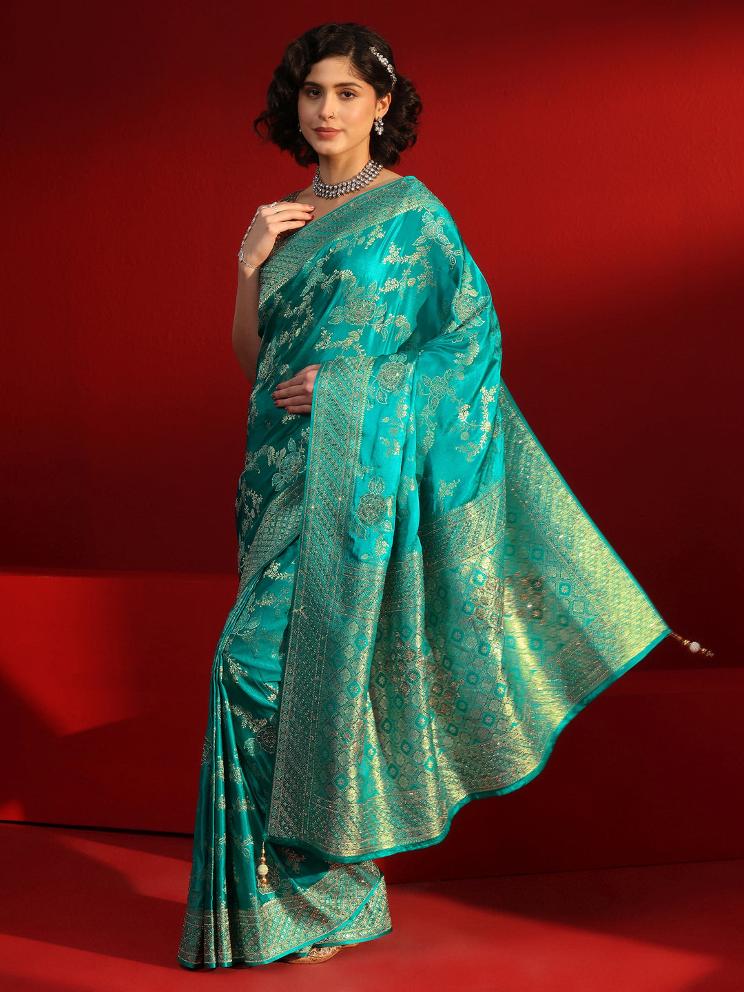  Libas Art Sea Green Woven Design Stone Work Satin Saree 