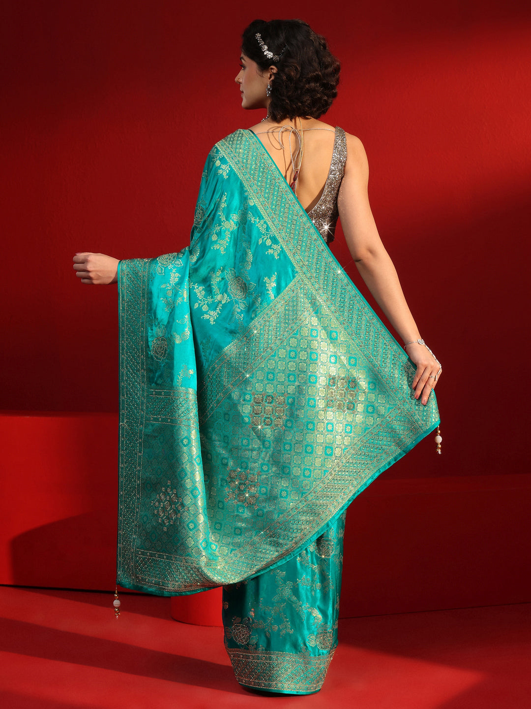  Libas Art Sea Green Woven Design Stone Work Satin Saree 