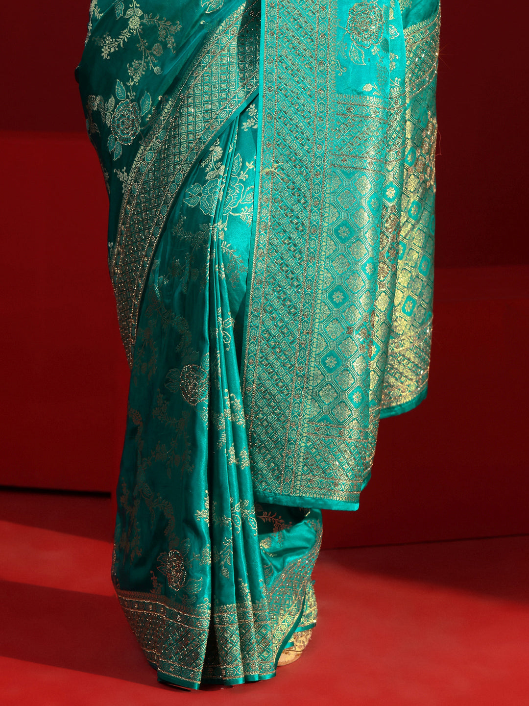  Libas Art Sea Green Woven Design Stone Work Satin Saree 