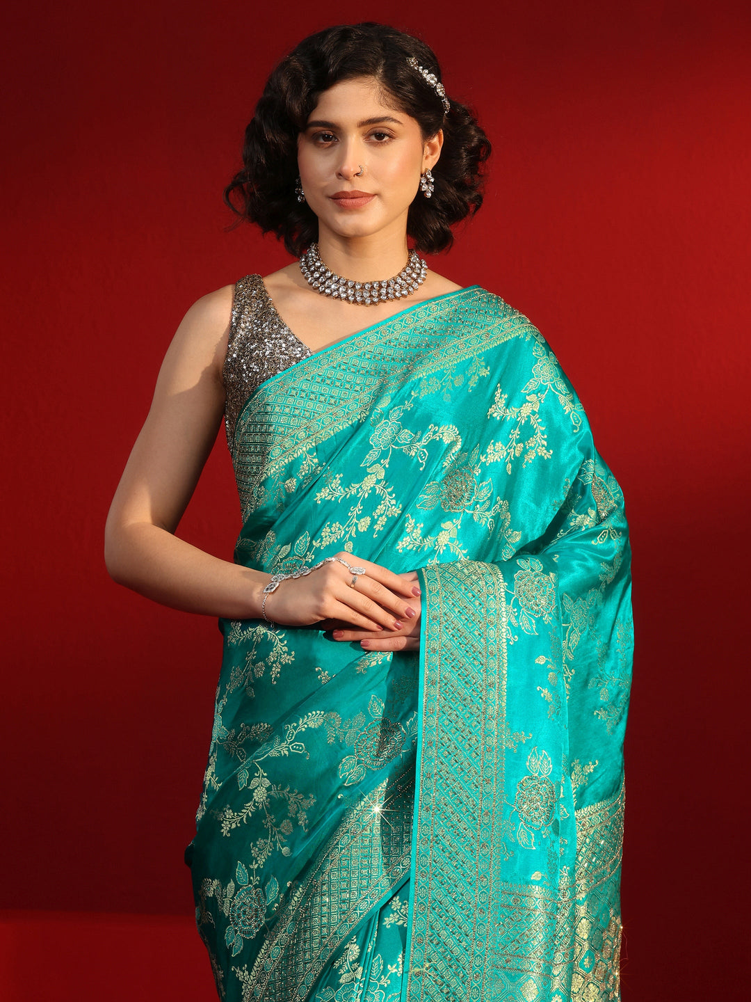  Libas Art Sea Green Woven Design Stone Work Satin Saree 