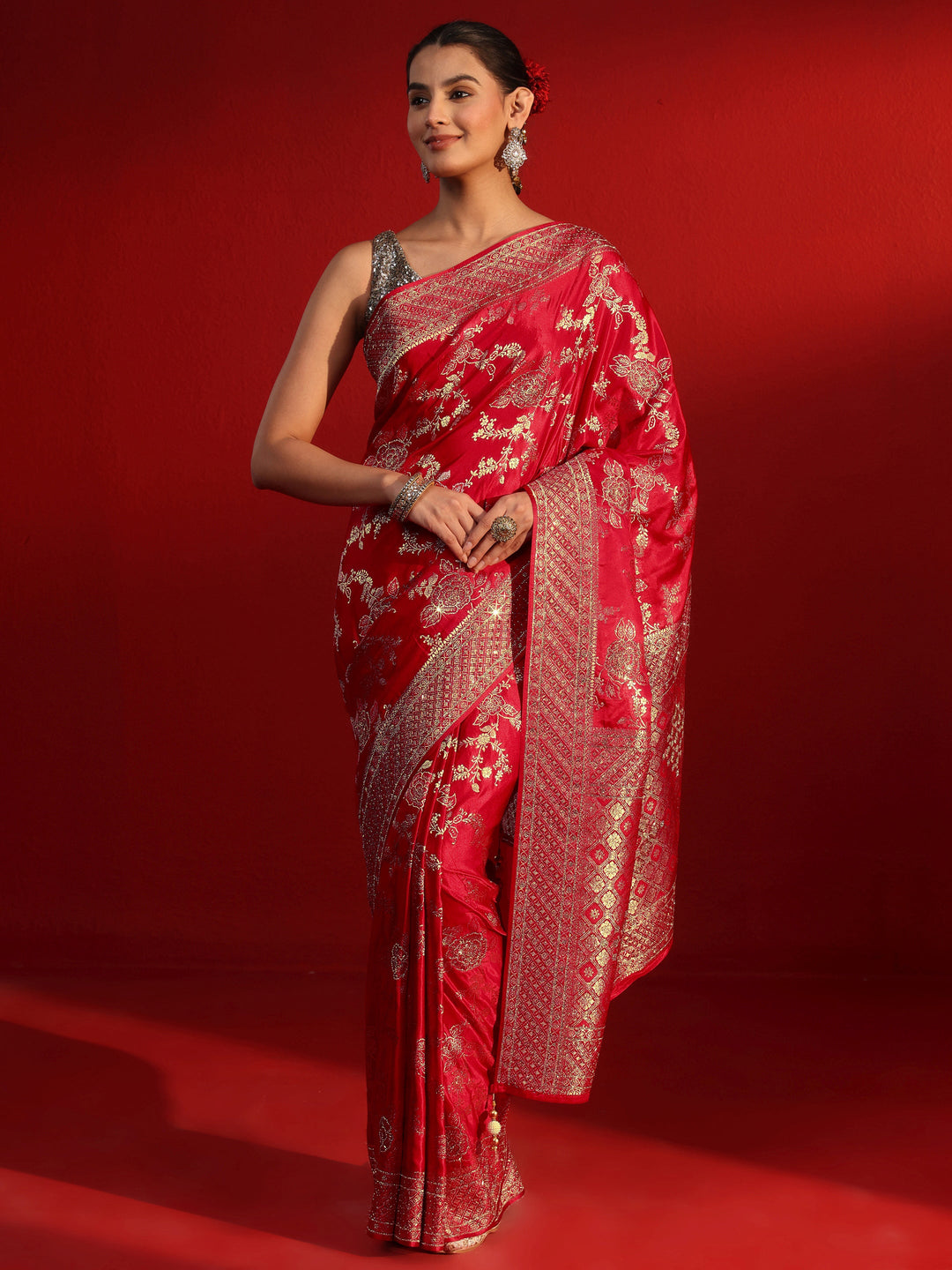  Libas Art Red Woven Design Stone Work Satin Saree 