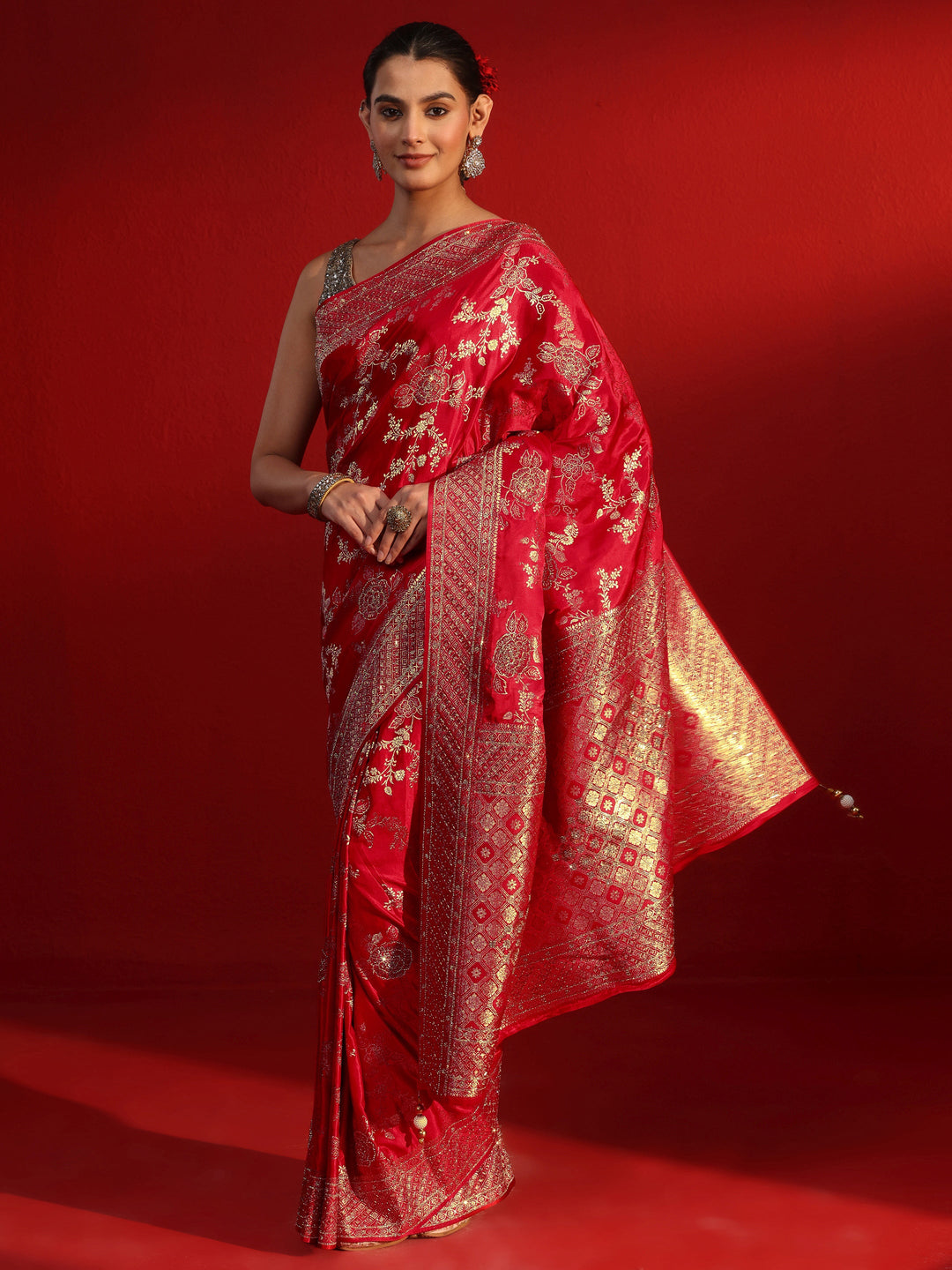  Libas Art Red Woven Design Stone Work Satin Saree 