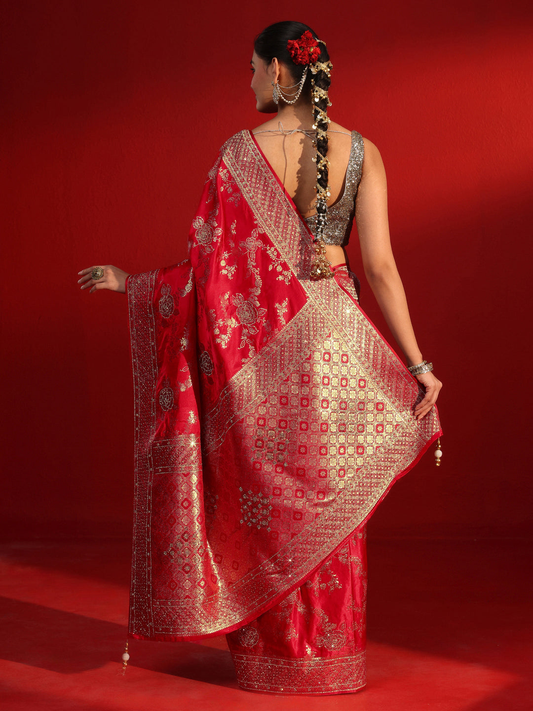  Libas Art Red Woven Design Stone Work Satin Saree 