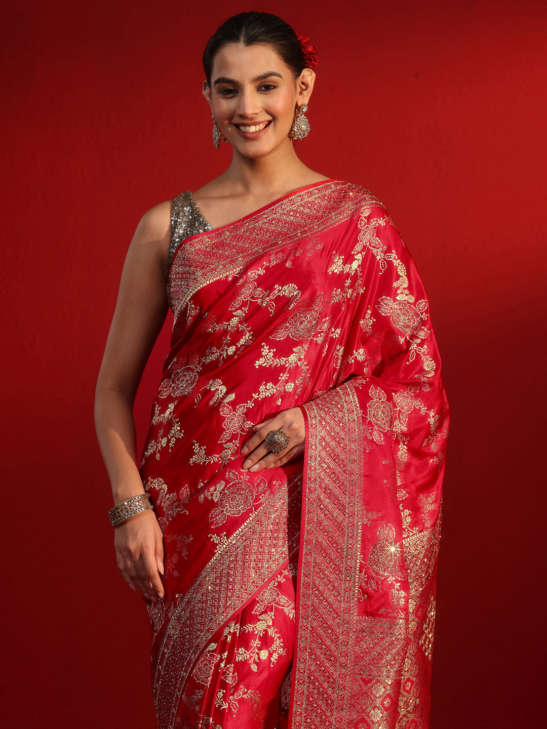  Libas Art Red Woven Design Stone Work Satin Saree 