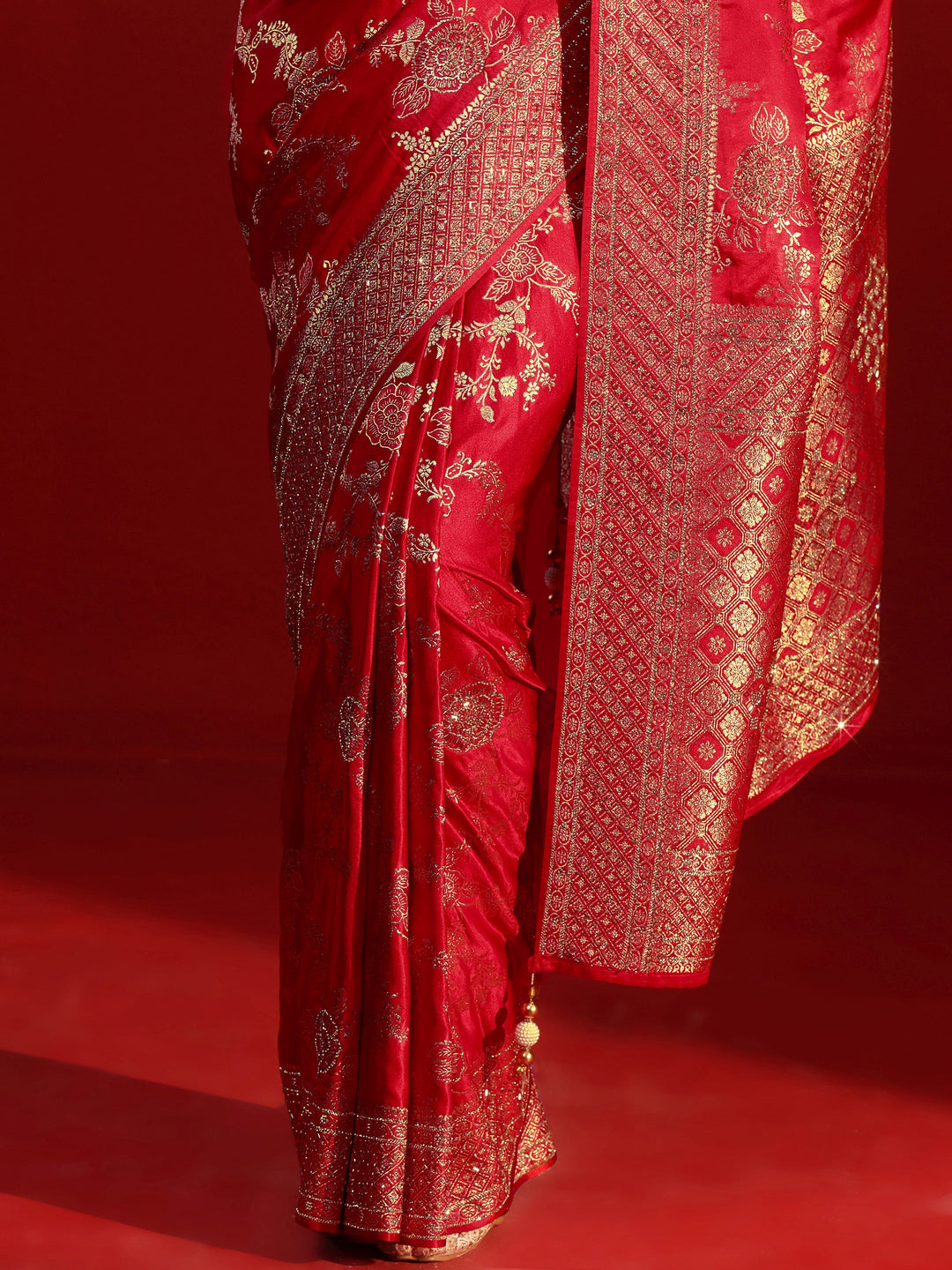  Libas Art Red Woven Design Stone Work Satin Saree 