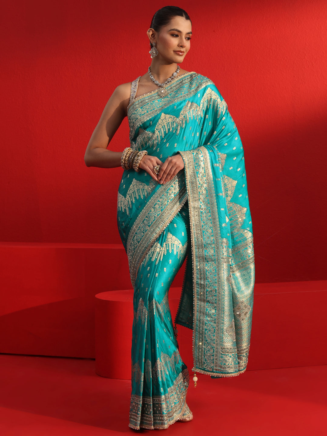  Libas Art Blue Woven Design Stone Work Satin Saree 