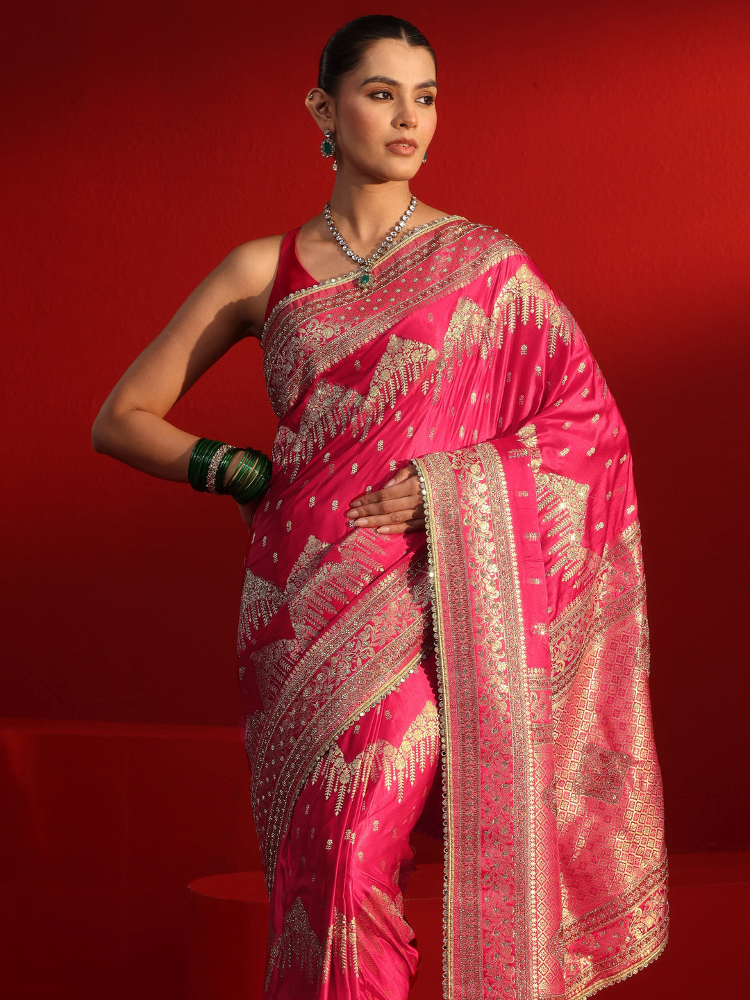  Libas Art Pink Woven Design Stone Work Satin Saree 