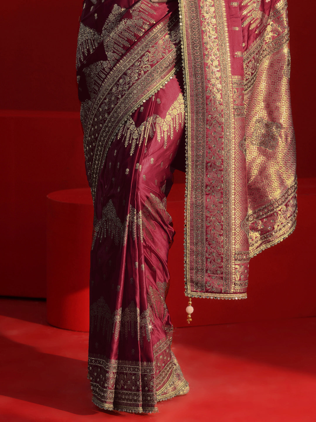  Libas Art Maroon Woven Design Stone Work Satin Saree 