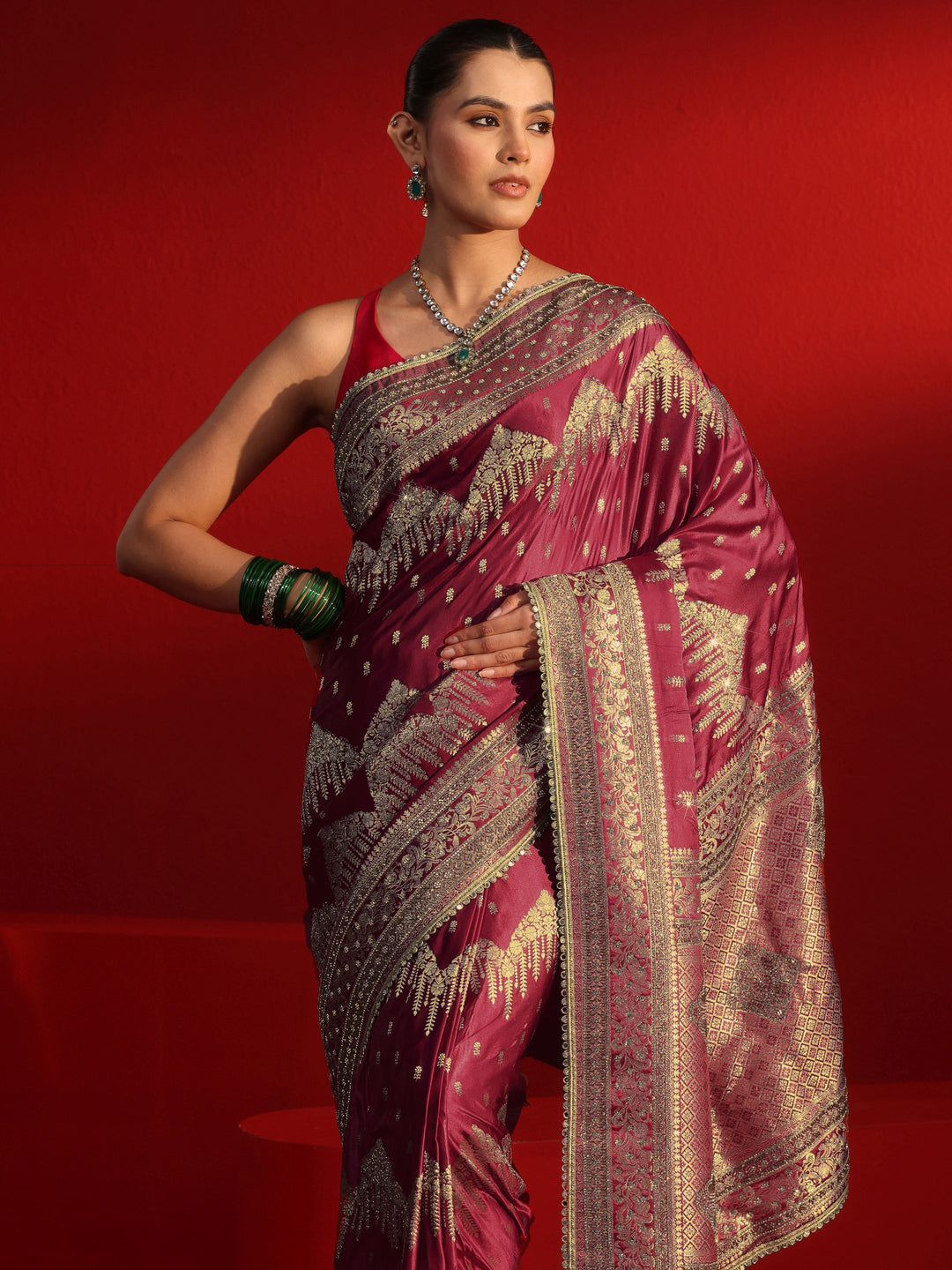  Libas Art Maroon Woven Design Stone Work Satin Saree 