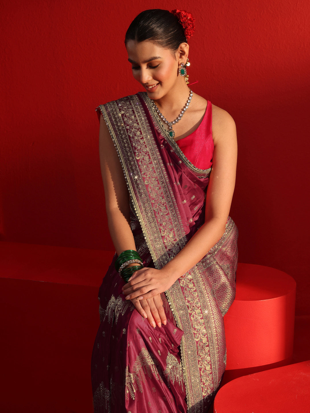  Libas Art Maroon Woven Design Stone Work Satin Saree 