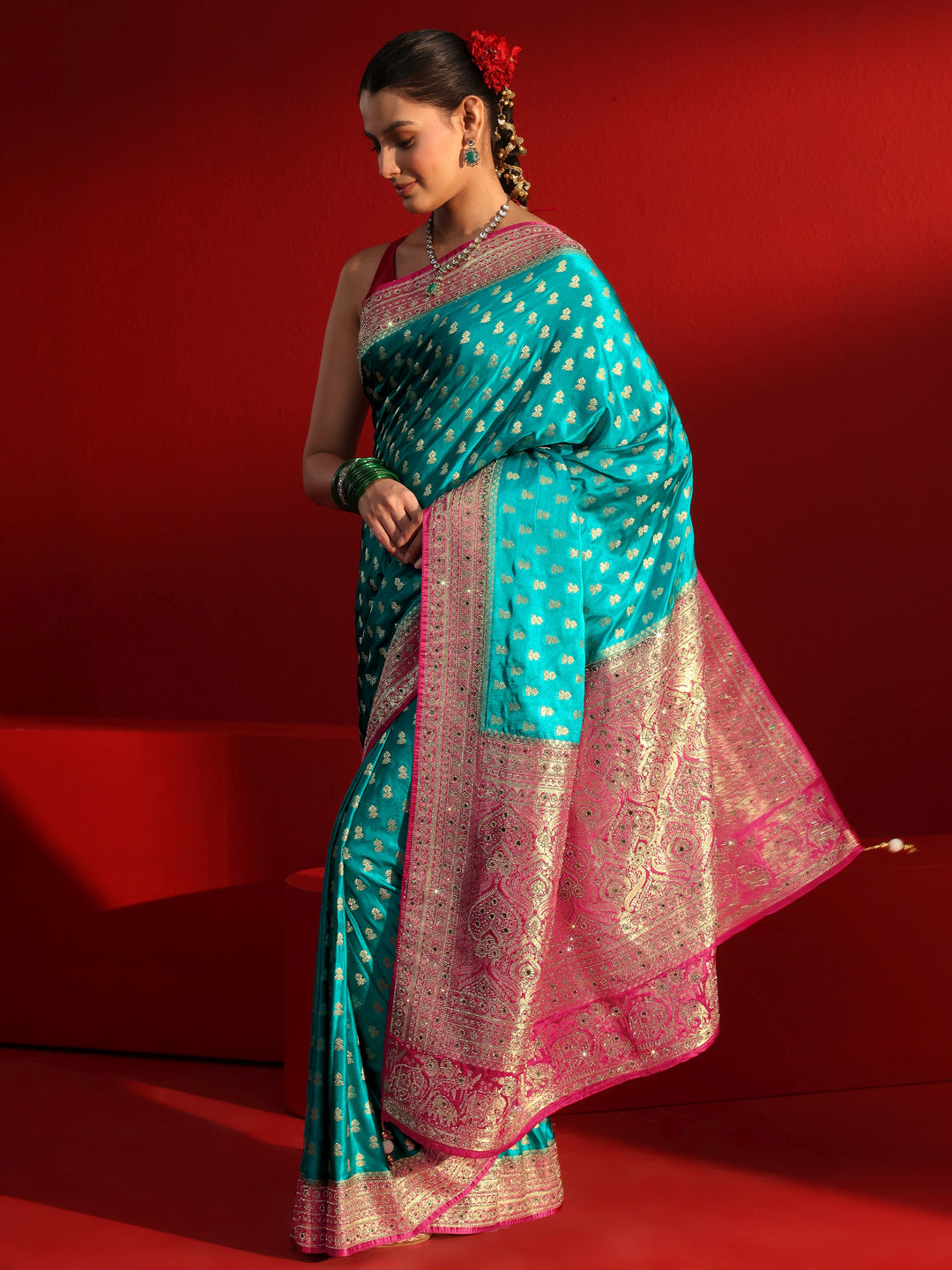  Libas Art Blue and Red Woven Design Stone Work Satin Saree 