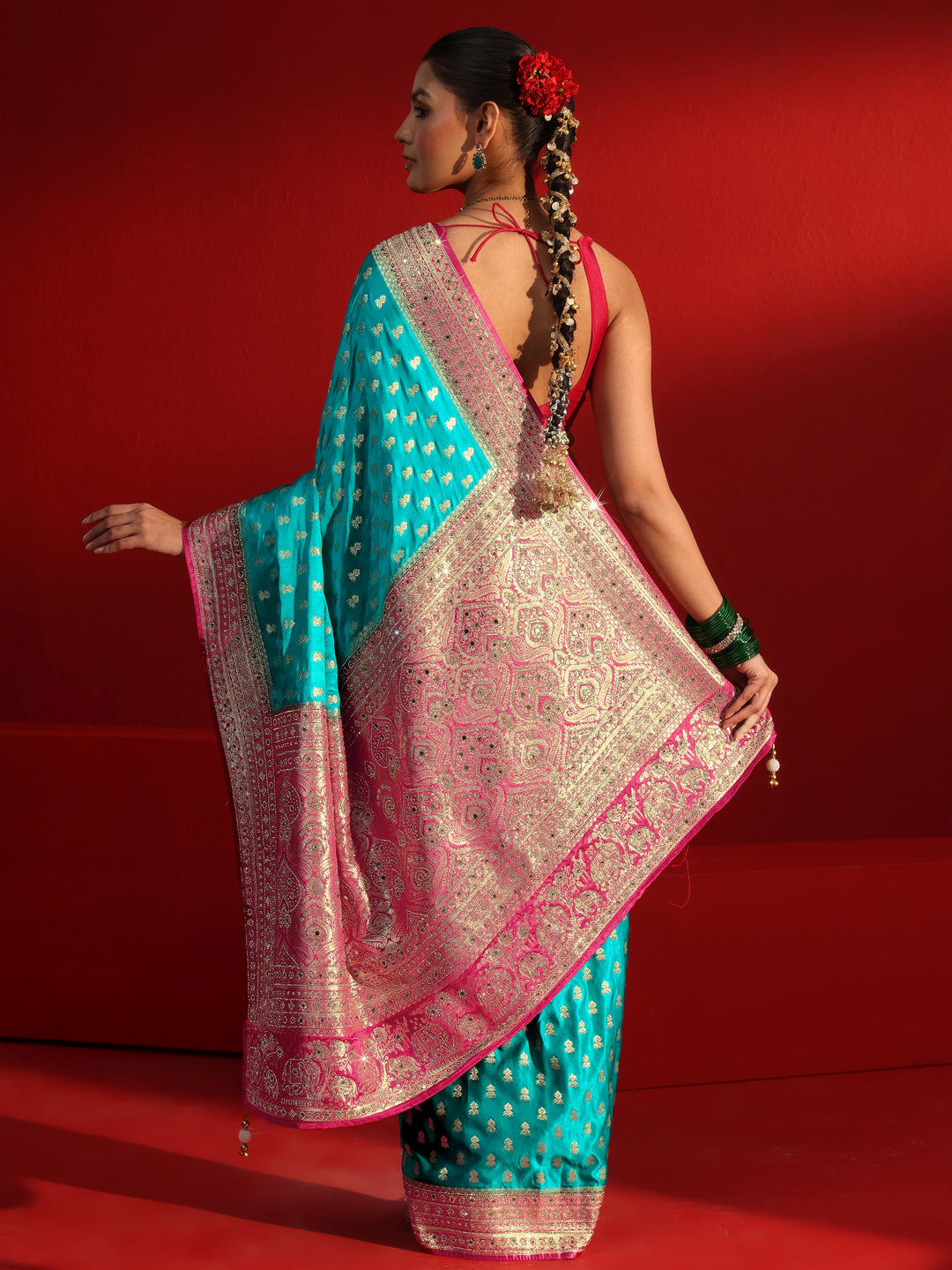  Libas Art Blue and Red Woven Design Stone Work Satin Saree 