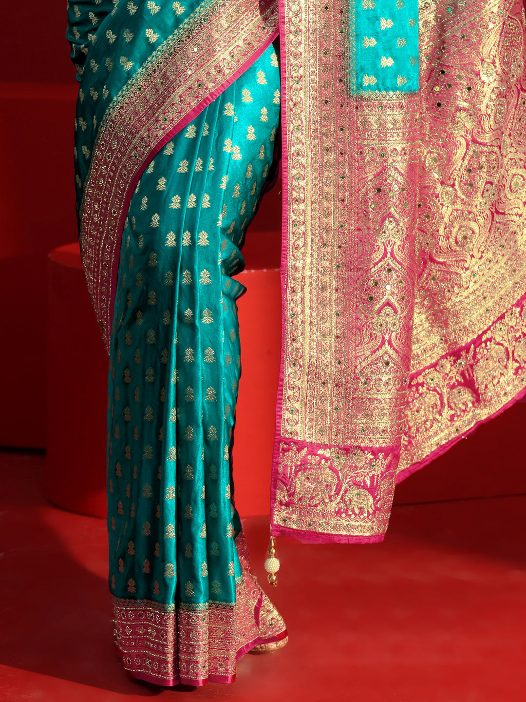  Libas Art Blue and Red Woven Design Stone Work Satin Saree 