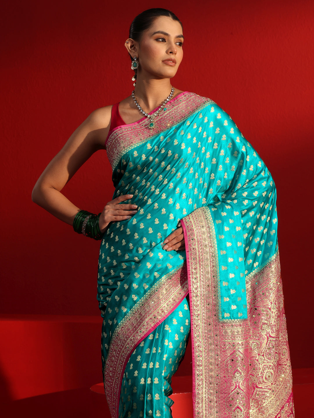  Libas Art Blue and Red Woven Design Stone Work Satin Saree 