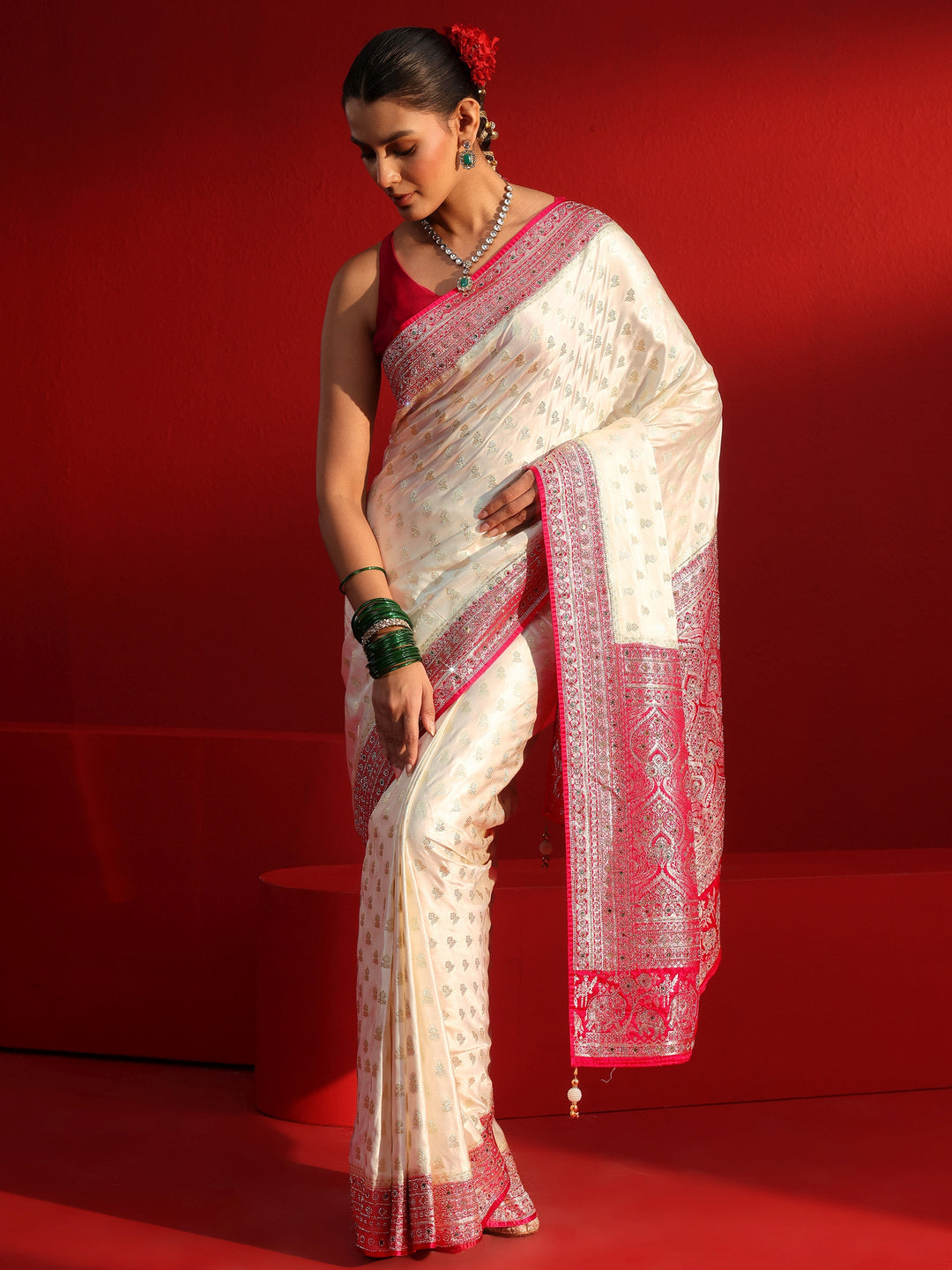  Libas Art Off White and Red Woven Design Stone Work Satin Saree 