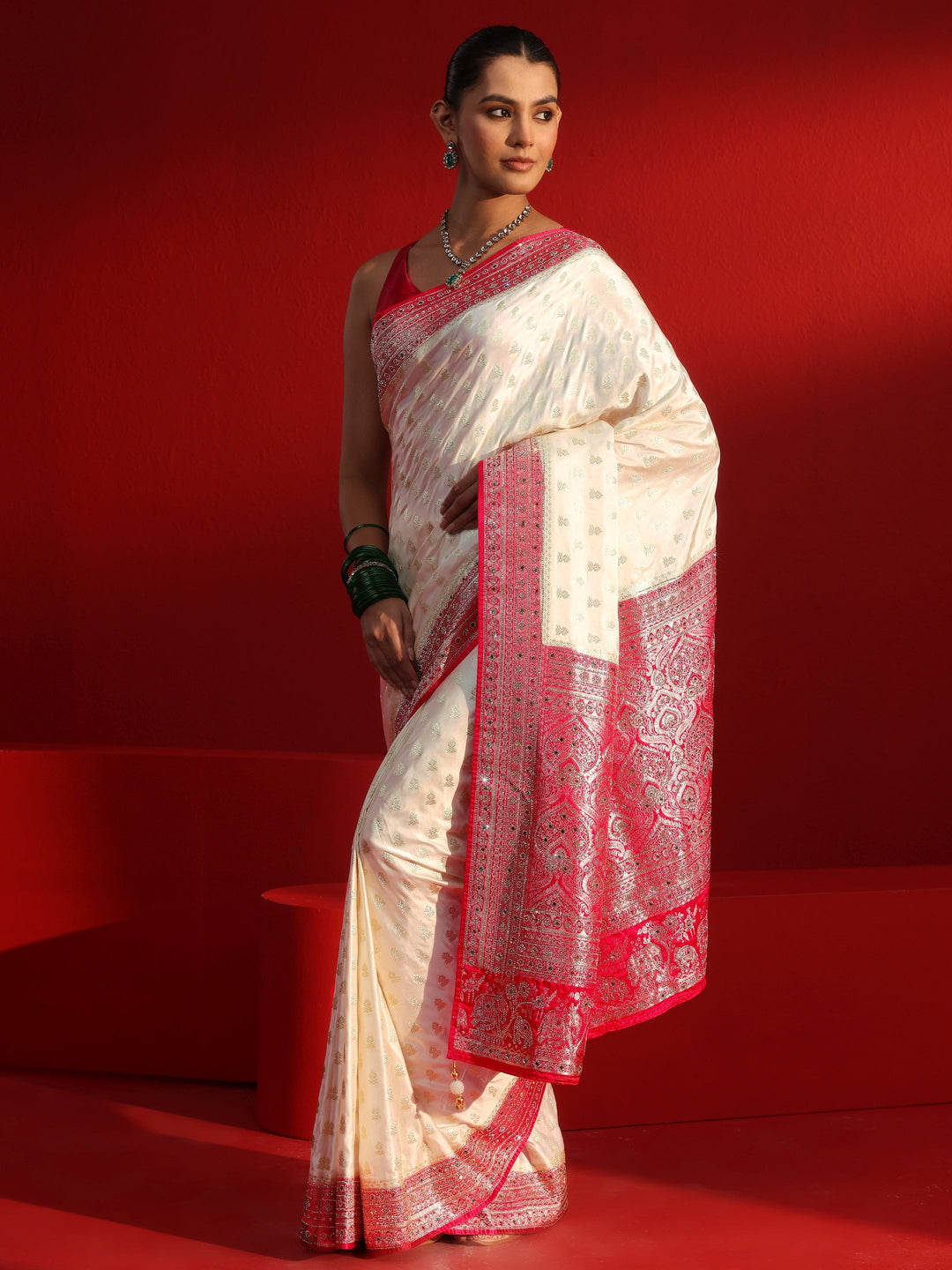  Libas Art Off White and Red Woven Design Stone Work Satin Saree 