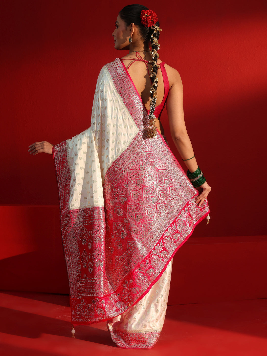  Libas Art Off White and Red Woven Design Stone Work Satin Saree 