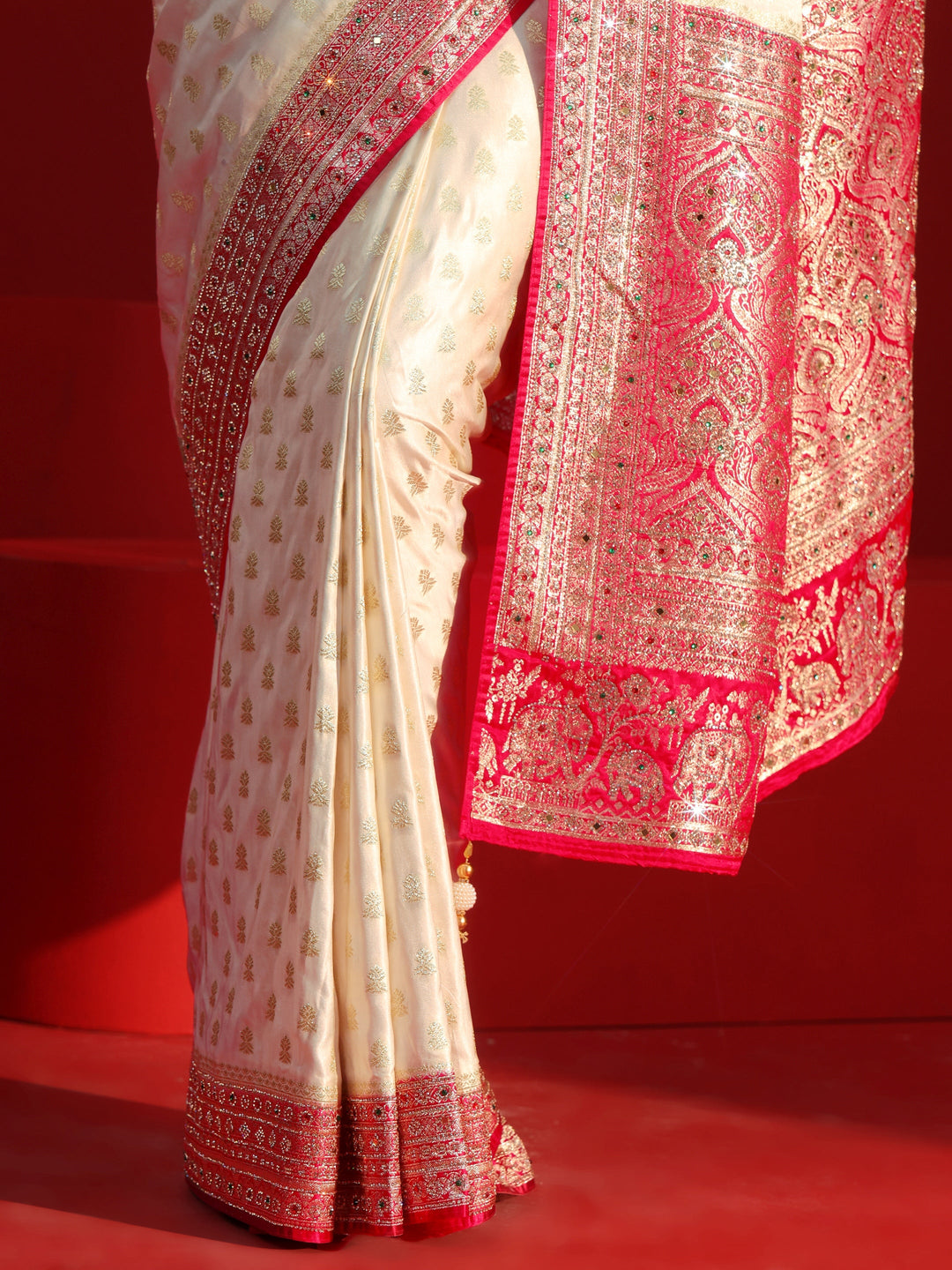  Libas Art Off White and Red Woven Design Stone Work Satin Saree 