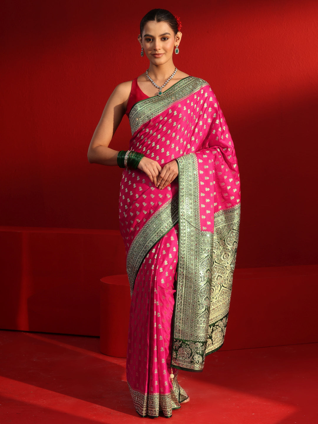  Libas Art Pink and Green Woven Design Stone Work Satin Saree 