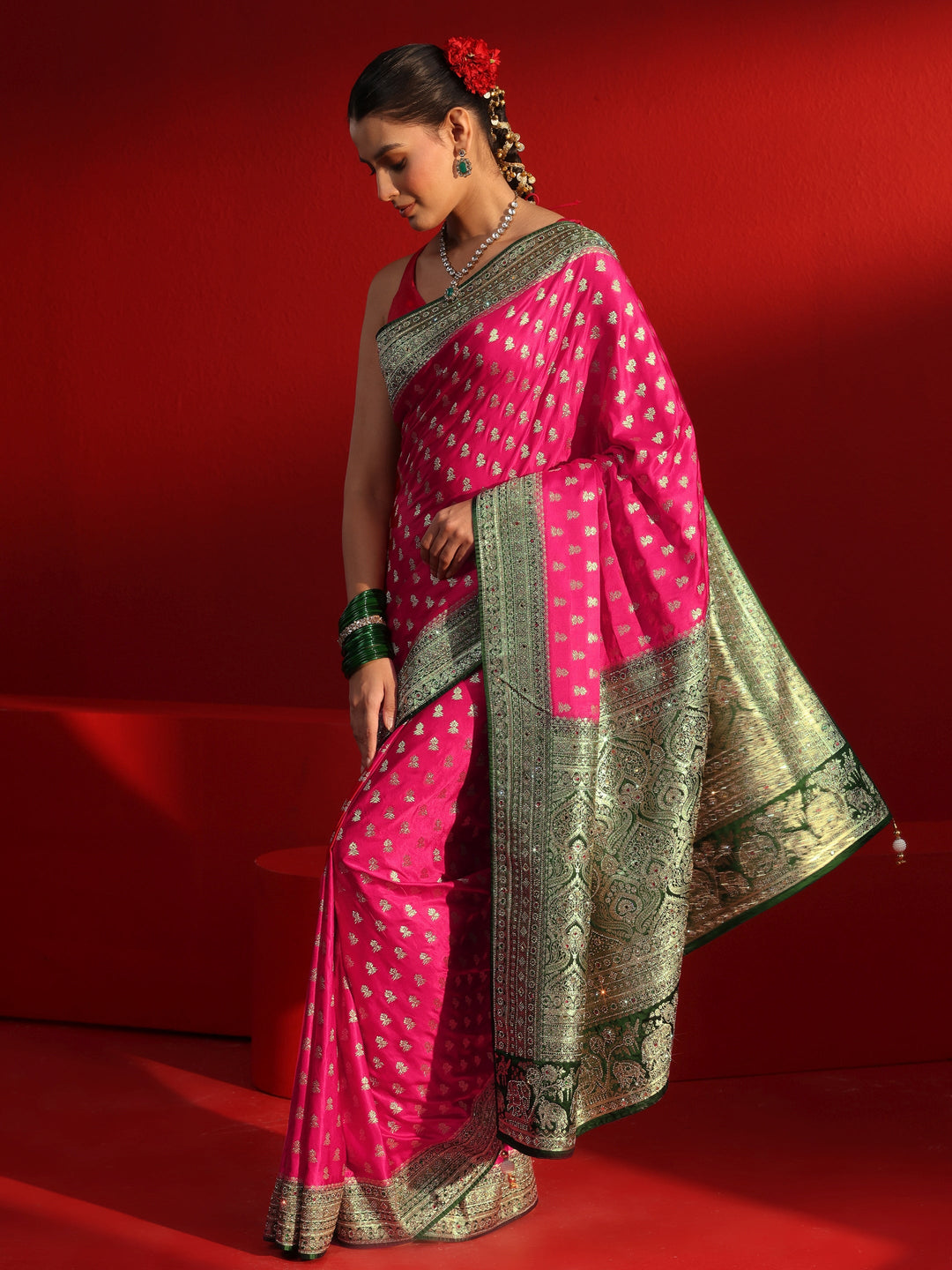  Libas Art Pink and Green Woven Design Stone Work Satin Saree 