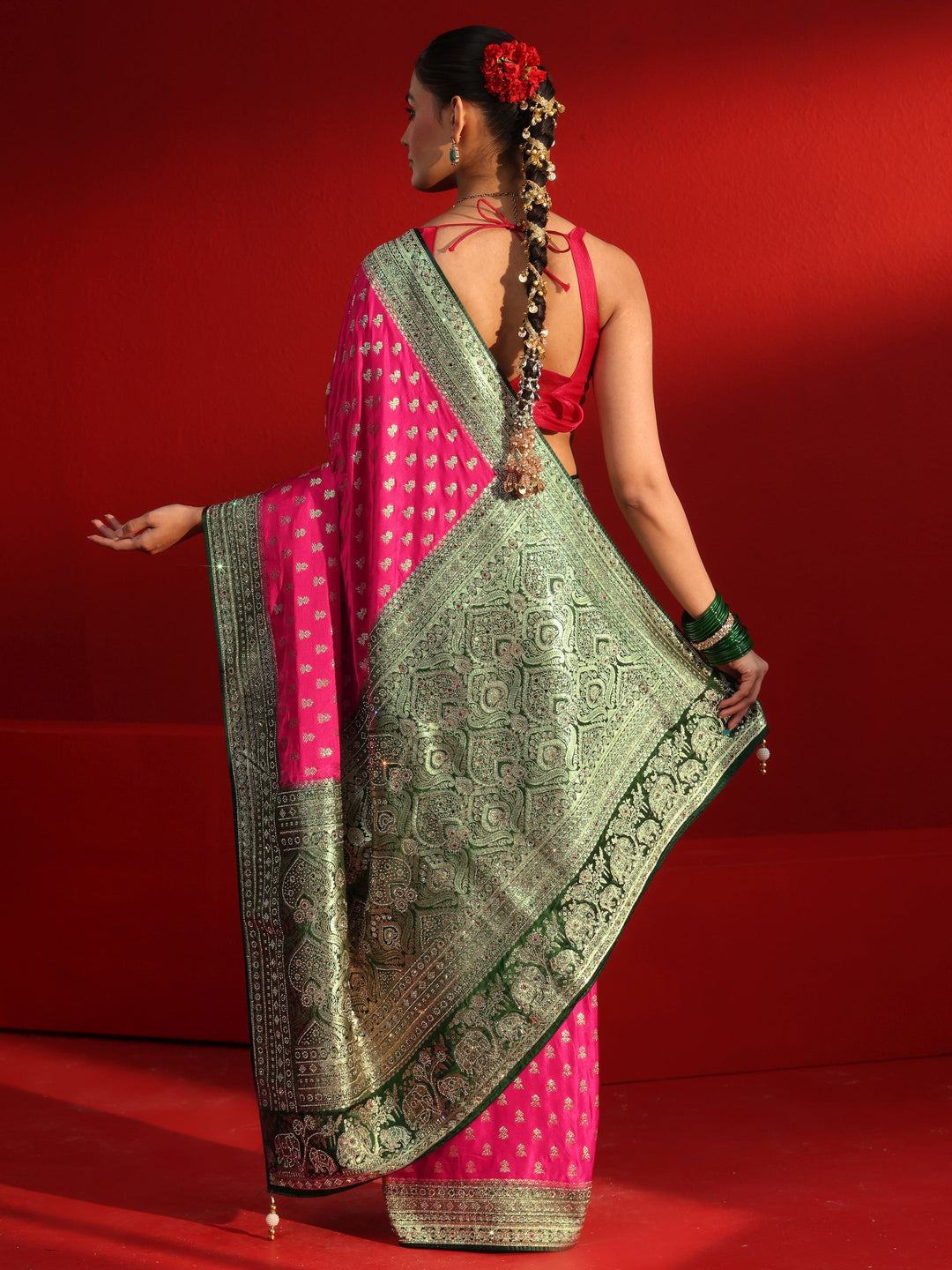  Libas Art Pink and Green Woven Design Stone Work Satin Saree 