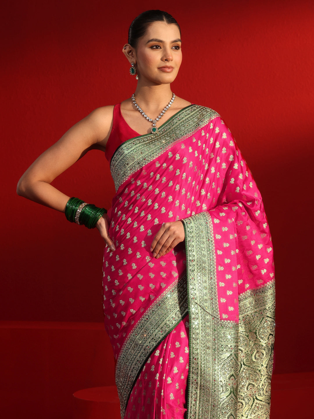  Libas Art Pink and Green Woven Design Stone Work Satin Saree 