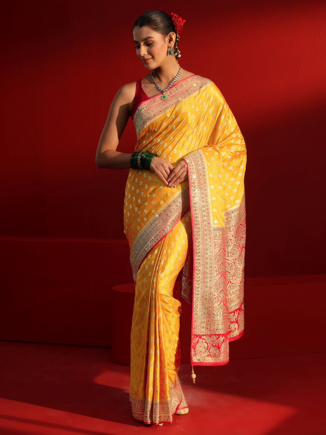  Libas Art Mustard and Red Woven Design Stone Work Satin Saree 