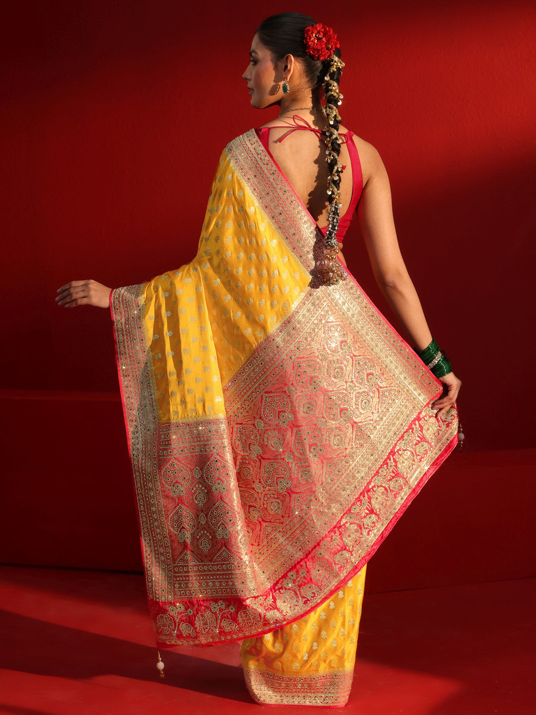  Libas Art Mustard and Red Woven Design Stone Work Satin Saree 
