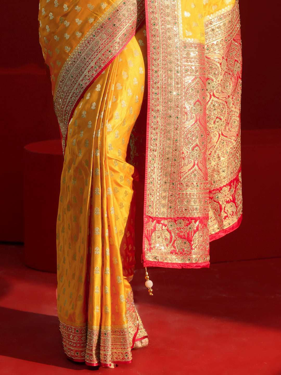  Libas Art Mustard and Red Woven Design Stone Work Satin Saree 