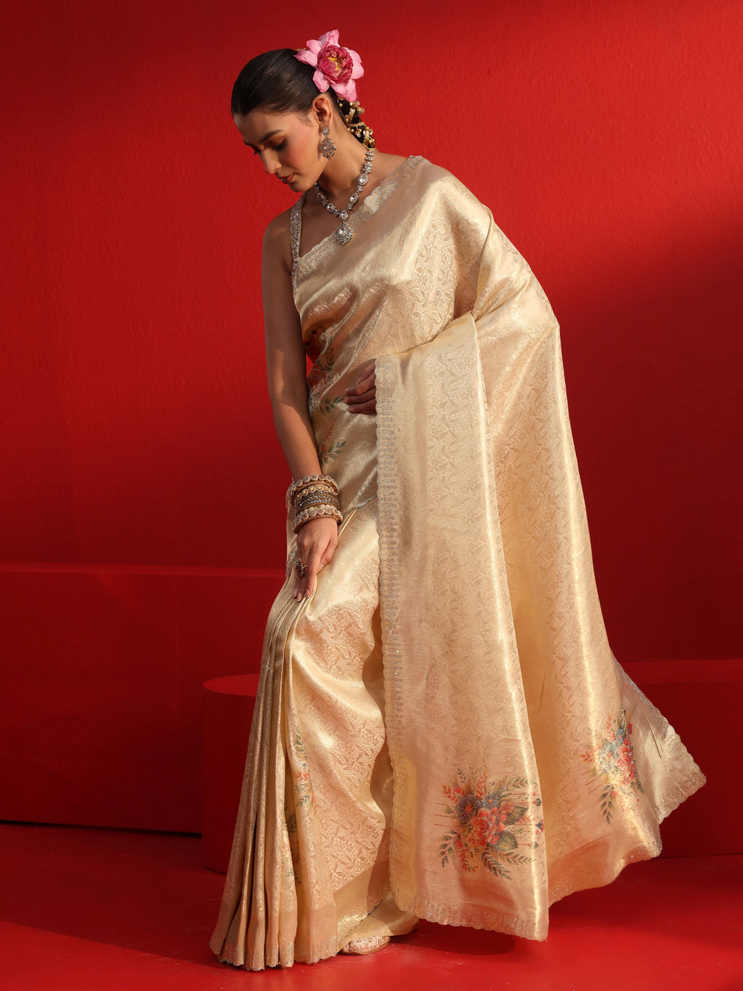  Libas Golden Woven Design Silk Blend Saree with Embellished Border 