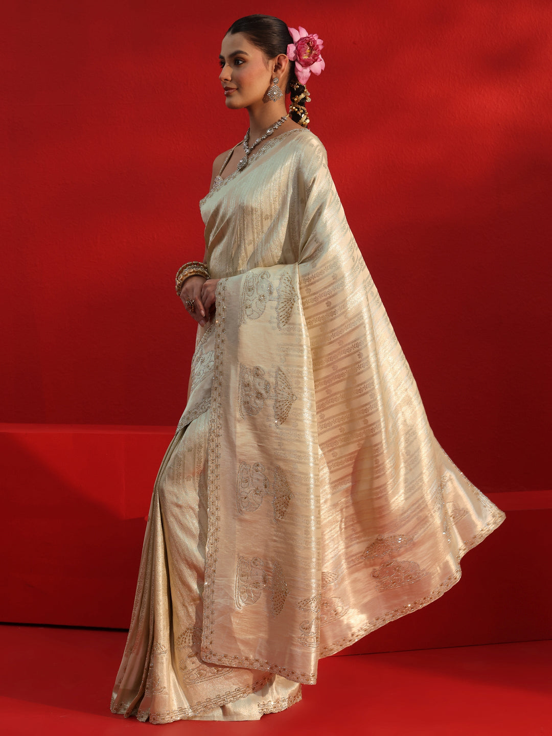  Libas Art Cream Woven Design Silk Blend Saree with Embellished Border 