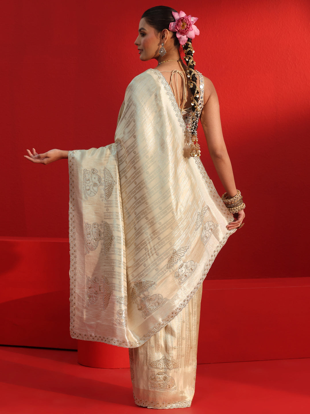  Libas Art Cream Woven Design Silk Blend Saree with Embellished Border 