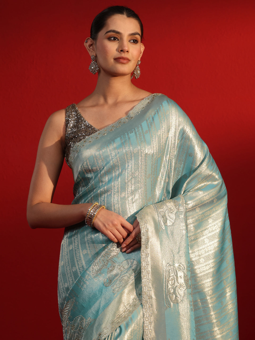  Libas Art Blue Woven Design Silk Blend Saree with Embellished Border 