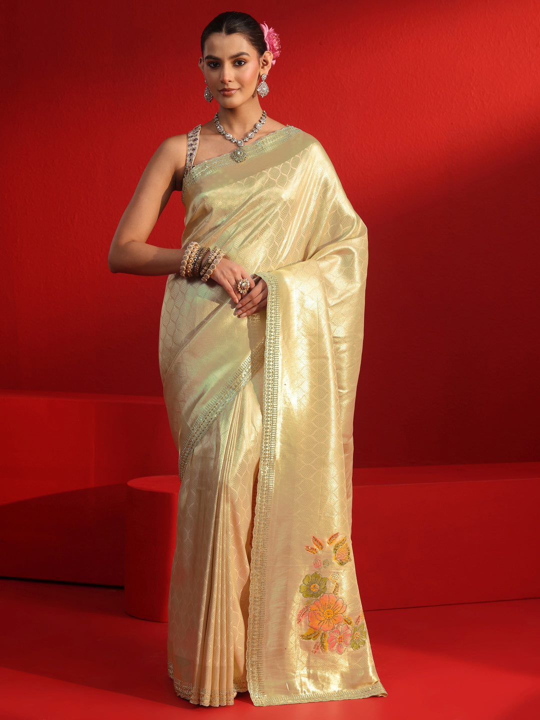  Libas Golden Woven Design Silk Blend Saree with Embellished Border 
